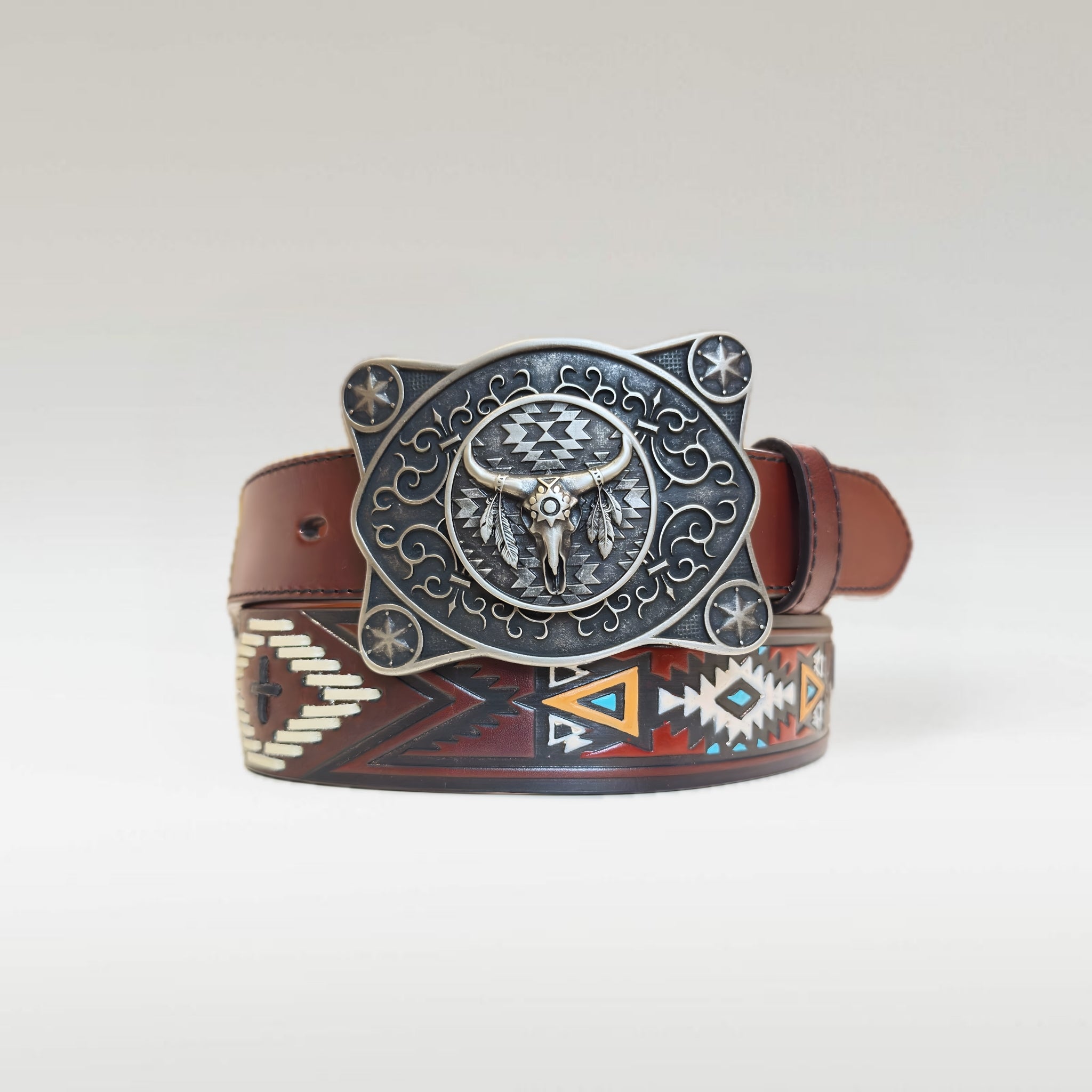 Silver bull red indians leather belt strap and metal belt buckle. Shop the Best western belts for cowboys and cow girls. The house of belts to bold western and everyday classic belts. Reversible belts, automatic belts, removable belts to western metallic buckles, designed belts and simple belts. 